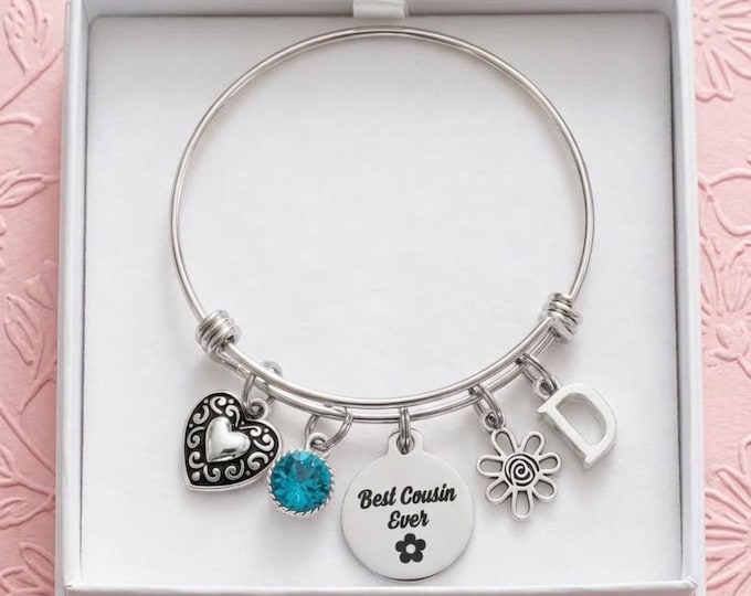 Personalized Cousin Bangle Bracelet: Initial, Birthstone, Heart Charm