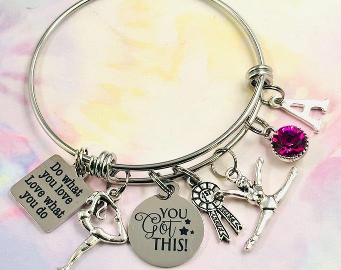 Personalized Jewelry, Gift for Gymnast, Initial Charm Bracelet, Gift for Her, Birthstone Jewelry, 1st Place Ribbon, Girls Sports Gift Ideas