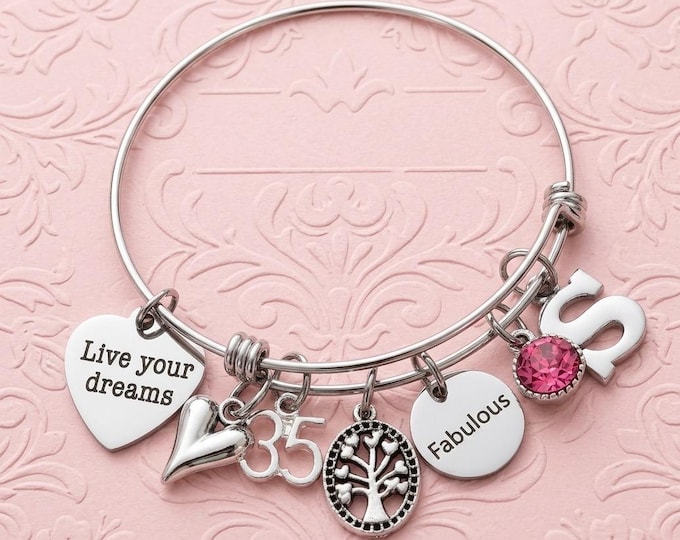 35th Birthday Charm Bracelet: Personalized Stainless Steel Bangle