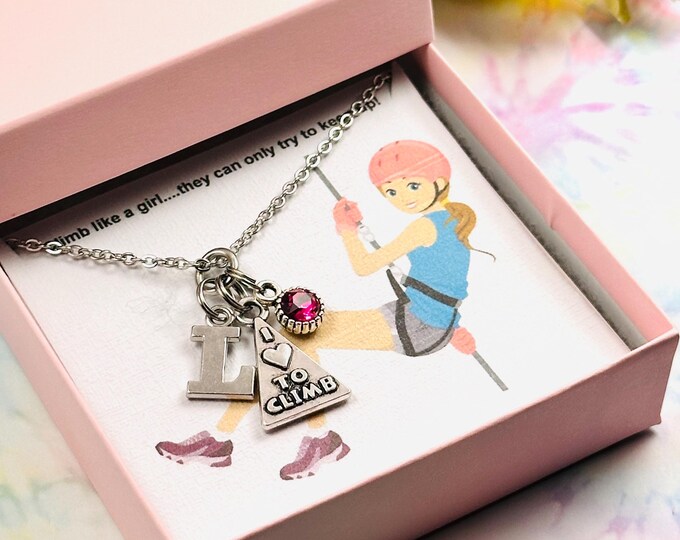 Climber Necklace, Personalized Jewelry, Initial Necklace, Gift for Her, Gift Boxed with Artwork, Personalized Gift, Hiker Charm Necklace