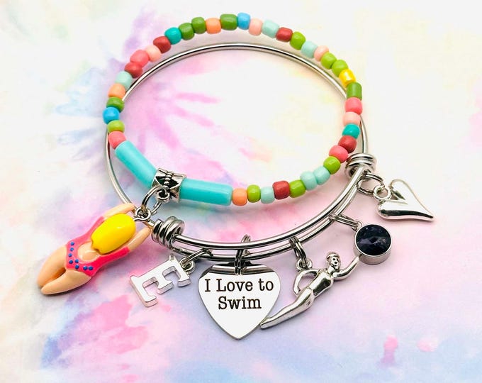 Swimmer Gift, Personalized Jewelry, Charm Bracelet, Handmade Gift for Her, Gift Box, Beaded Bracelet, Summer Jewelry, Birthstone Jewelry
