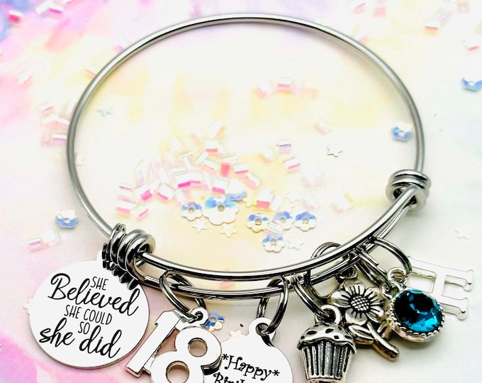 18th Birthday Gift for Girls, Personalized Silver Jewelry with Birthstone, Initial Charm Bracelet, Gift for Her, Teenager Birthday Present