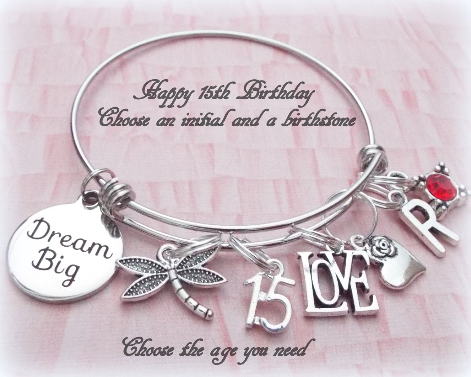 Happy 15th Birthday Charm Bracelet, Personalized Jewelry Gift with