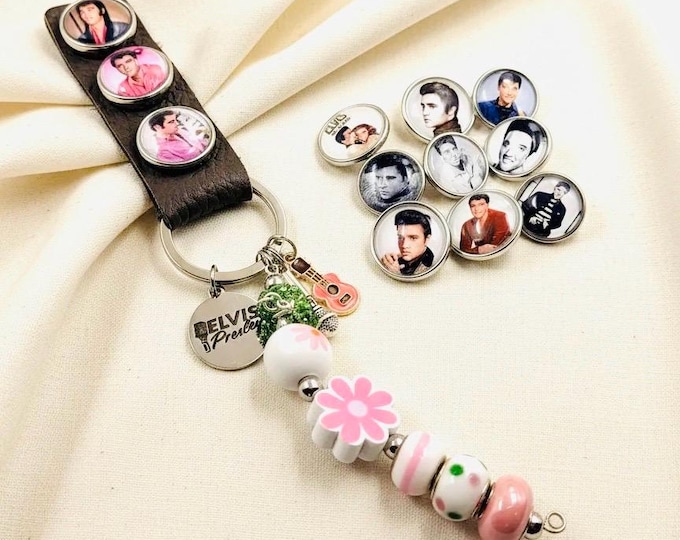 Custom Elvis Keychain, Rock and Roll Jewelry Gift, Snap Music Keyring, Key Fob Accessory