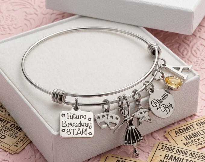 Future Broadway Star Charm Bracelet With Custom Birthstone and Initial Gift
