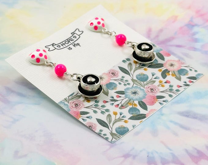 Coffee Mug, Drop Earrings with Pink Heart, Gift for Her, Handmade Jewelry, Gift Boxed, Birthday Gifts, Tea Cup, Coffee Lover, Dangle Earring