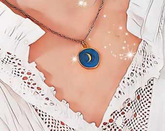 Handgemachte Gold Mondsichel Halskette: Blauer himmlischer Schmuck