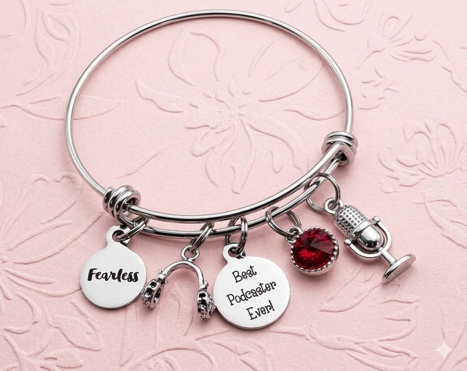 Custom Podcasting Charm Bracelet, Stainless Steel Bangle, Laser-Engraved Tokens, Swarovski Birthstone