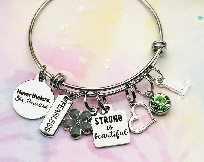 Feminist Jewelry, Encouragement Charm Bracelet, Personalized Jewelry, Gift for Daughter, Nevertheless She Persisted, Birthday for Girl