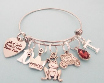 Handmade Silver Bracelet, Personalized Birthday Gift for Her, Princess Crown, Frog Charms, Grandmother to Granddaughter Gift, Daughter