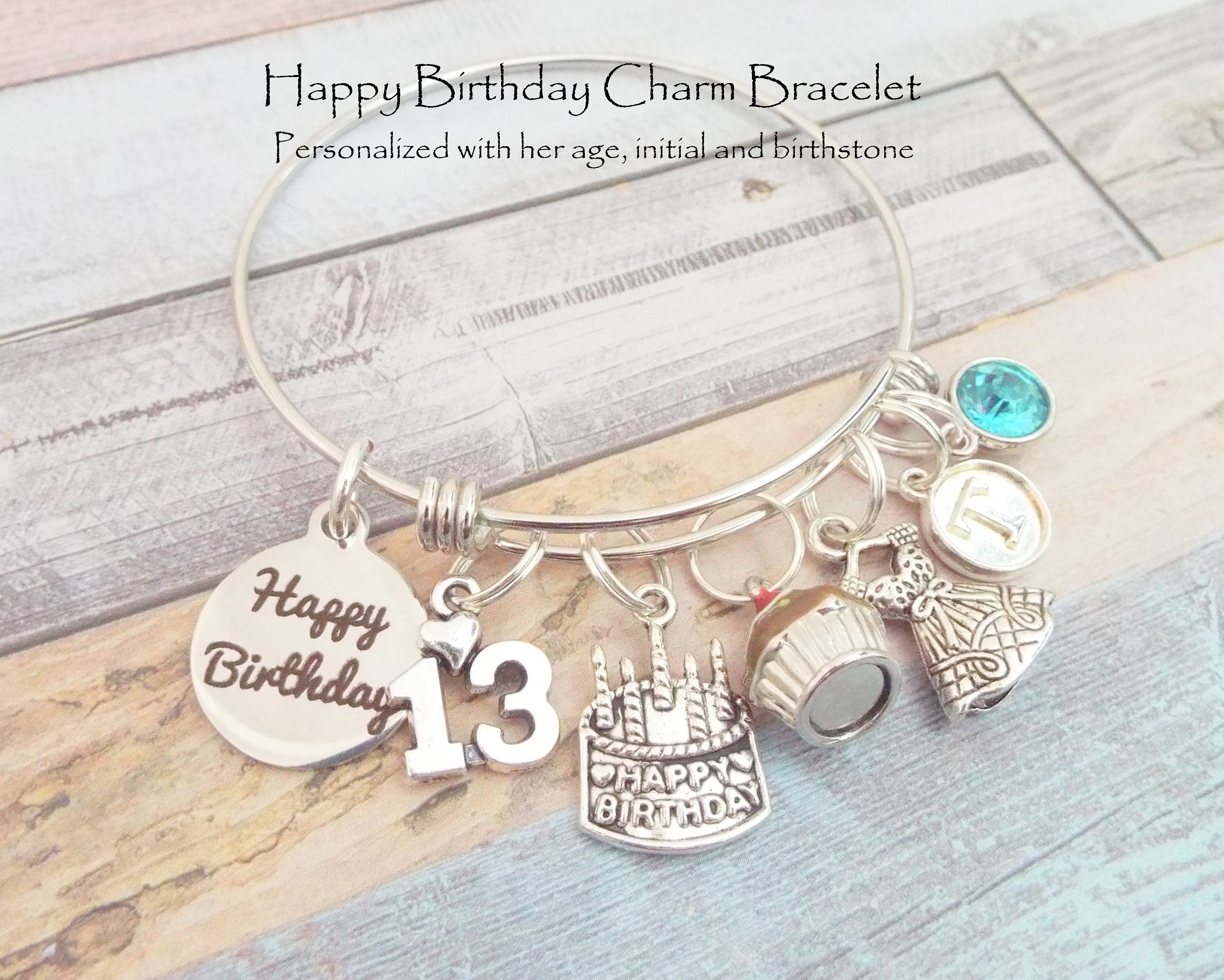 Personalized 13th Birthday Girl Charm Bracelet, Gift for 13 Year Old