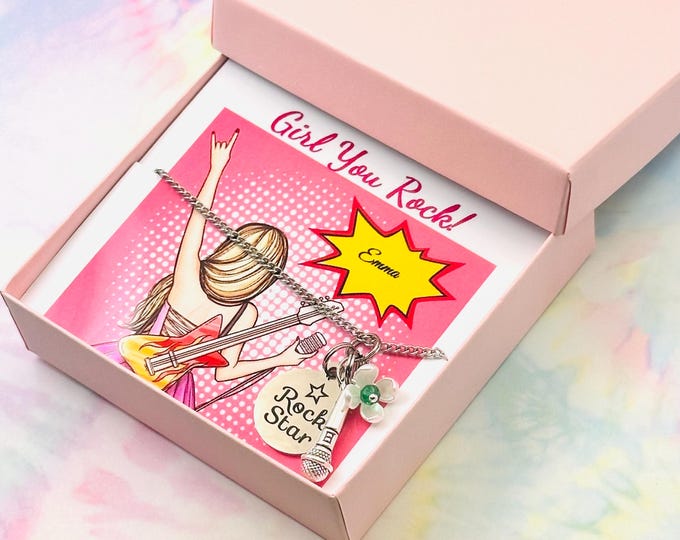 Necklace for Rock Star, Silver Charm Necklace, Personalized Teen Girl Gift, Star Jewelry, Music Singer Gift, Daughter Birthday, Gift Boxed