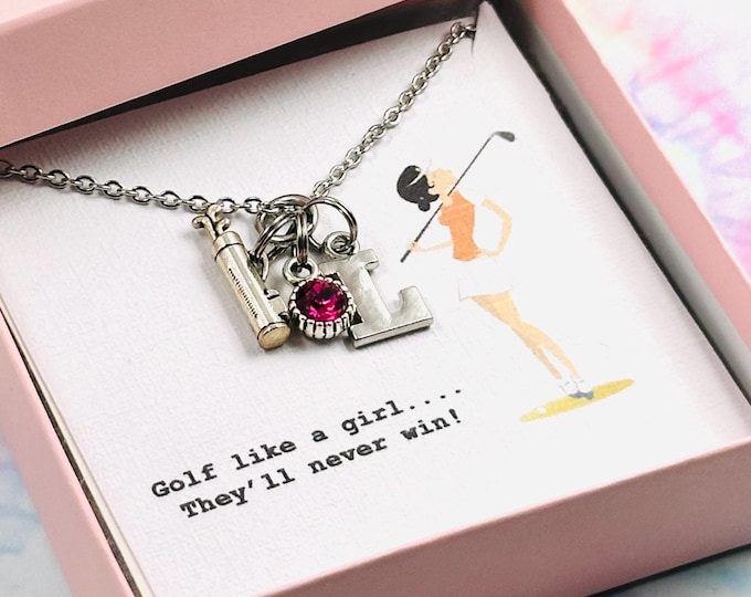 Personalized Jewelry, Golf Gifts for Her, Silver Initial Necklace, Sports and Fitness Jewelry With Birthstone, Womens Necklace, Gift Boxed