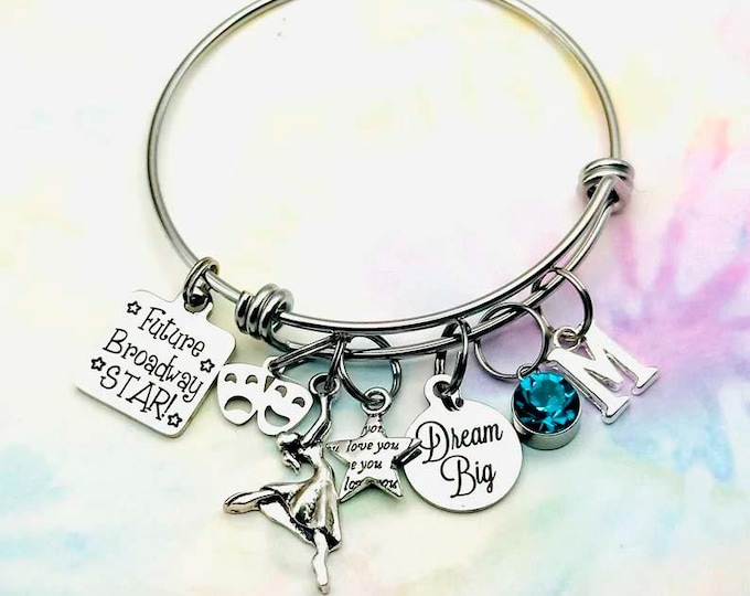 Theater Kid Gift, Musical Theater, Dancer Gift for Her, Broadway Actor, Initial Charm Bracelet, Personalized Jewelry, Dance Recital, Actress