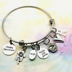 Personalized Retirement Charm Bracelet: Stainless Steel, Initial & Birthstone