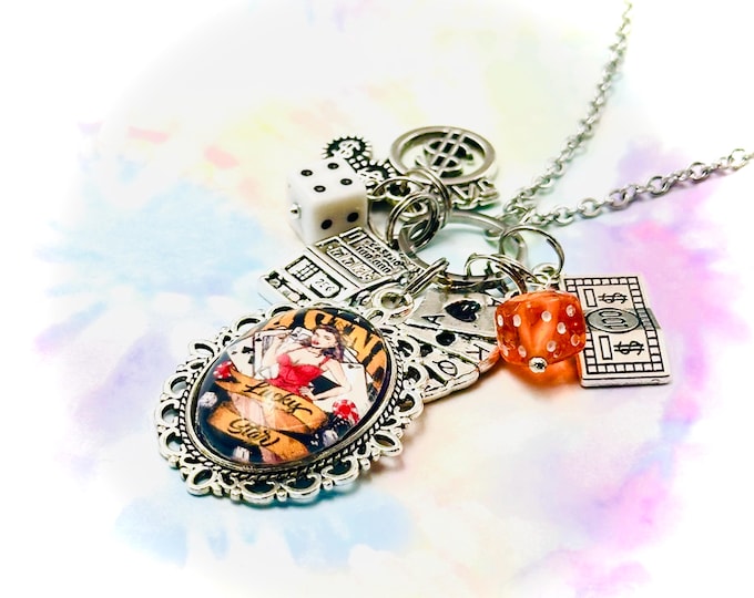 Lucky Casino Jewelry with Vintage Artwork, Handmade Good Luck Pendant Necklace, Gift for Her, Retro Jewelry Gift, What Happens in Vegas