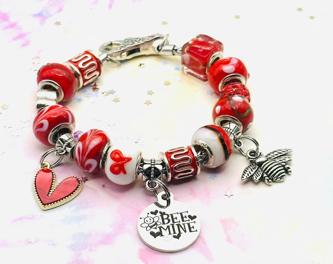 Valentines Day, Gift for Her, Red Heart, Gift Box, Beaded Bracelet, Handmade Jewelry, Bumble Bee Charm Bracelet, Womens Jewelry, For Girl