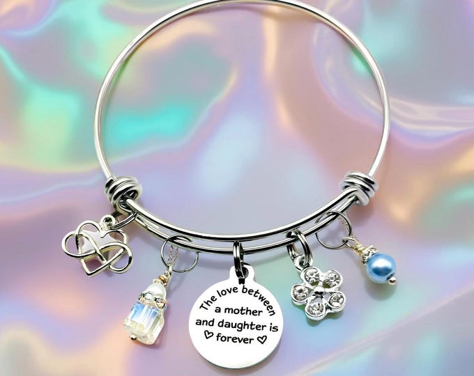Mother Daughter Charm Bracelet: Engraved Stainless Steel Bangle, Beaded Jewelry