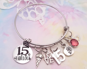 15th Birthday Charm Bracelet: Stainless Steel Bangle, Daughter Gift