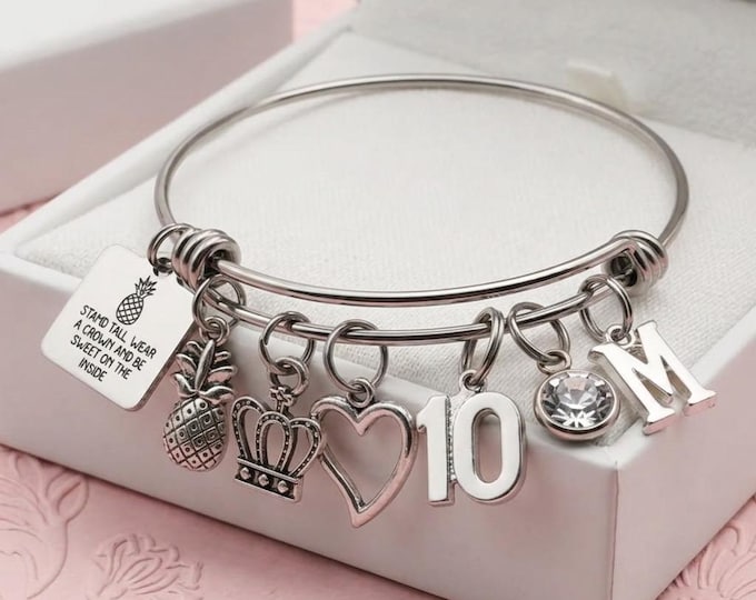 10th Birthday Pineapple Bangle, Stand Tall Gift for Ten Year Old