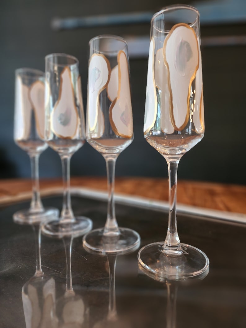 Hand Painted Oyster Champagne Glass - Coastal, Beach, Engagement, Wedding, Gift, Housewarming, Glassware, Barware, Flute, Shell, Gold