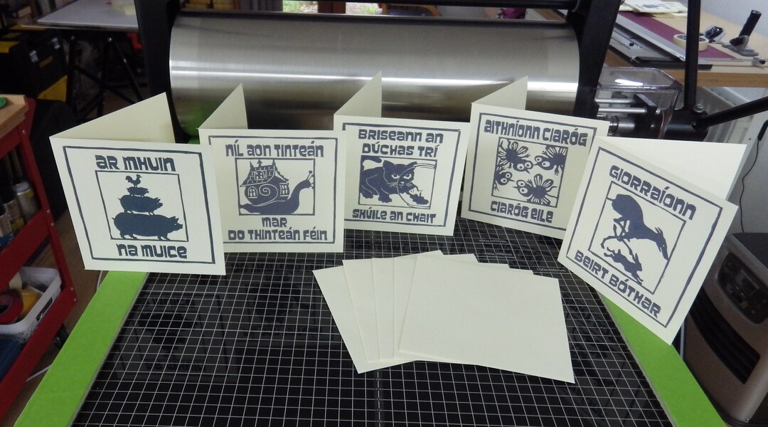 Irish Seanfhocail proverbs 5 Different Handprinted Original Linocut
