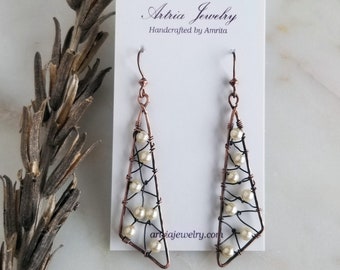 Long Triangle Copper Pearl Earrings, Abstract Pearlized Bead Geometric Drops, Wire Wrap Sail Boat Earrings, Artria Jewelry Zig Zag Dangles