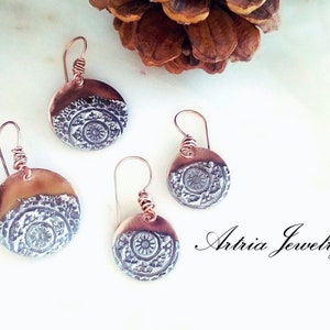 Mandala Stamped Silver Solder Copper Circle Earrings, Copper Mandala Disc Earrings, Round Sheet metal Jewelry, Mixed Metal Earrings