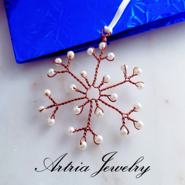Handmade Snowflake Ornament, Copper and Pearl Ornaments, Unique One of a Kind Xmas Gift, Christmas Tree Decor, White Pearl Star