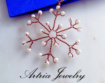 Handmade Snowflake Ornament, Copper and Pearl Ornaments, Unique One of a Kind Xmas Gift, Christmas Tree Decor, White Pearl Star