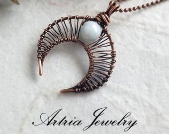 Copper Woven Crescent Moon Pendant, White Rainbow Cezch Glass Celestial Necklace, Wire Wrap Weave Half Moon, Shades of the Night - AMAN0010