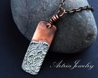 Mandala Stamped Silver Solder Copper Bar Pendant, Copper Mandala Necklace, Rectangle Sheet metal Jewelry, Mixed Metal Pendant -AMAN0005