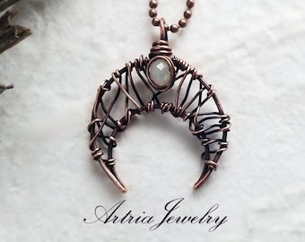 Copper Fluid Wire Wrap Crescent Moon Pendant, Faceted White Crystal Celestial Necklace, Glass Half Moon, Shades of the Night - AMAN0008
