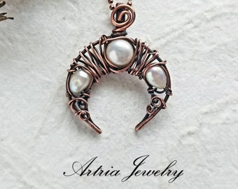 Freshwater Pearl Copper Chaos Wire Crescent Moon Pendant, Wire Wrap Curls Celestial White Half Moon Necklace, Shades of the Night - AMAN0015