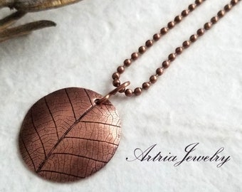 Real Leaf Embossed Copper Pendant, Leaf Skeleton Veins Necklace, Minimalist Nature Inspired Jewelry, Simple Gifts for Gardeners- ATAN0004