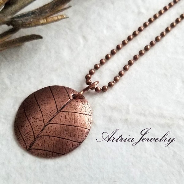 Real Leaf Embossed Copper Pendant, Leaf Skeleton Veins Necklace, Minimalist Nature Inspired Jewelry, Simple Gifts for Gardeners- ATAN0004