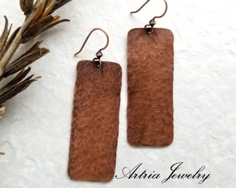 Large Copper Hammered Bar Earrings, Hand Forged Textured Rectangle Earrings, Geometric Statement Jewelry - ATAE0027