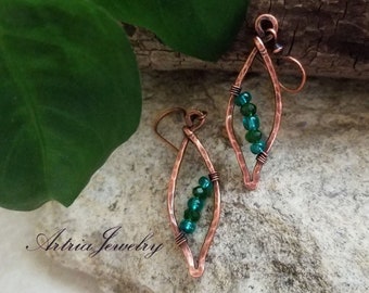 Green Crystal Copper Leaf Earrings, Metal Leaves Jewelry, Feather Drop Marquise Minimalist Small Earrings, Nature Inspired - APRE0009