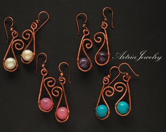 Minimalist Copper Swan Swirl Earrings, Single Side Swirled Teardrop Jewelry, Turquoise Blue Magnesite Drops, Textured Copper Bead Dangles