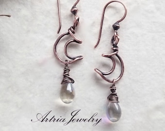 Copper Crescent Moon Rainbow Drop Earrings, Mirrored Glass Teardrop Dangles, Wire Wrap Half Moon, Shades of the Night - AMAE0012