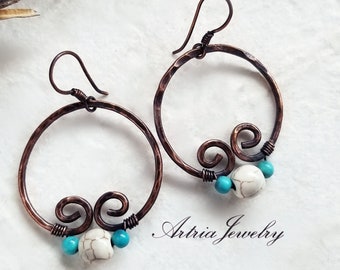 Hammered Mirrored Swirl Round Copper Hoop Earrings with White and Turquoise Blue Magnesite Bead Earrings, Shades of the Night - AUNE0020