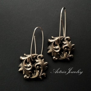 Vintage Silver Plated Scroll Leaf Long Dangle Earrings, Floral Swirl Leaf Upcycled Statement Earrings, Rustic Antique Jewelry - AANE0011