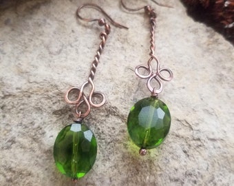 Twisted Stick Earrings, Copper Stick Earrings, Rope Earrings, Line Earrings, Green Leaf Floral Stem Jewelry, Green Bar Earrings