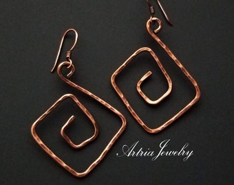 Hammered Large Geometric Copper Wire Drop Earrings, Minimalist Square Long Dangles, Earthy Triangle Rustic Textured Jewelry, ATAE0010