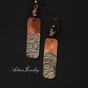 Mandala Stamped Silver Solder Copper Bar Earrings, Copper Mandala Earrings, Rectangle Sheet metal Jewelry, Mixed Metal Earrings -MAE001