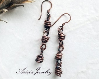 Copper Knot Earrings, Knotted Wire Wrap Earrings, Rustic Triple Wrap Dangles, Minimalist Metal Jewelry, Shades of the Night - ATAE0016
