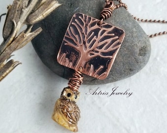 Owl of Minerva on Embossed Copper Tree Wire Knot Pendant, Tree of Life, Shades of the Night - APRN0018