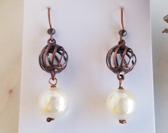 Copper Cage Rainbow White Glass Dangle Earrings, Handmade Mirrored Bead Drop Earrings