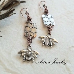 Silver Bee with Honeycomb Dangling Drop Earrings, Copper Beehive Stamped Wire Wrap Knot Jewelry, Mixed Metal Animal Bar Earrings -PRE007