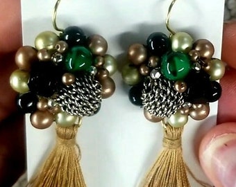 Vintage Beaded Fringe Earrings, Upcycled Vintage Earrings, Green, Black, Grey, and Gold Earrings